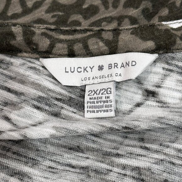 Lucky Brand Top 3/4 Sleeve Boho Peasant V-neck Olive Green White Block Print 2X - Picture 3 of 12